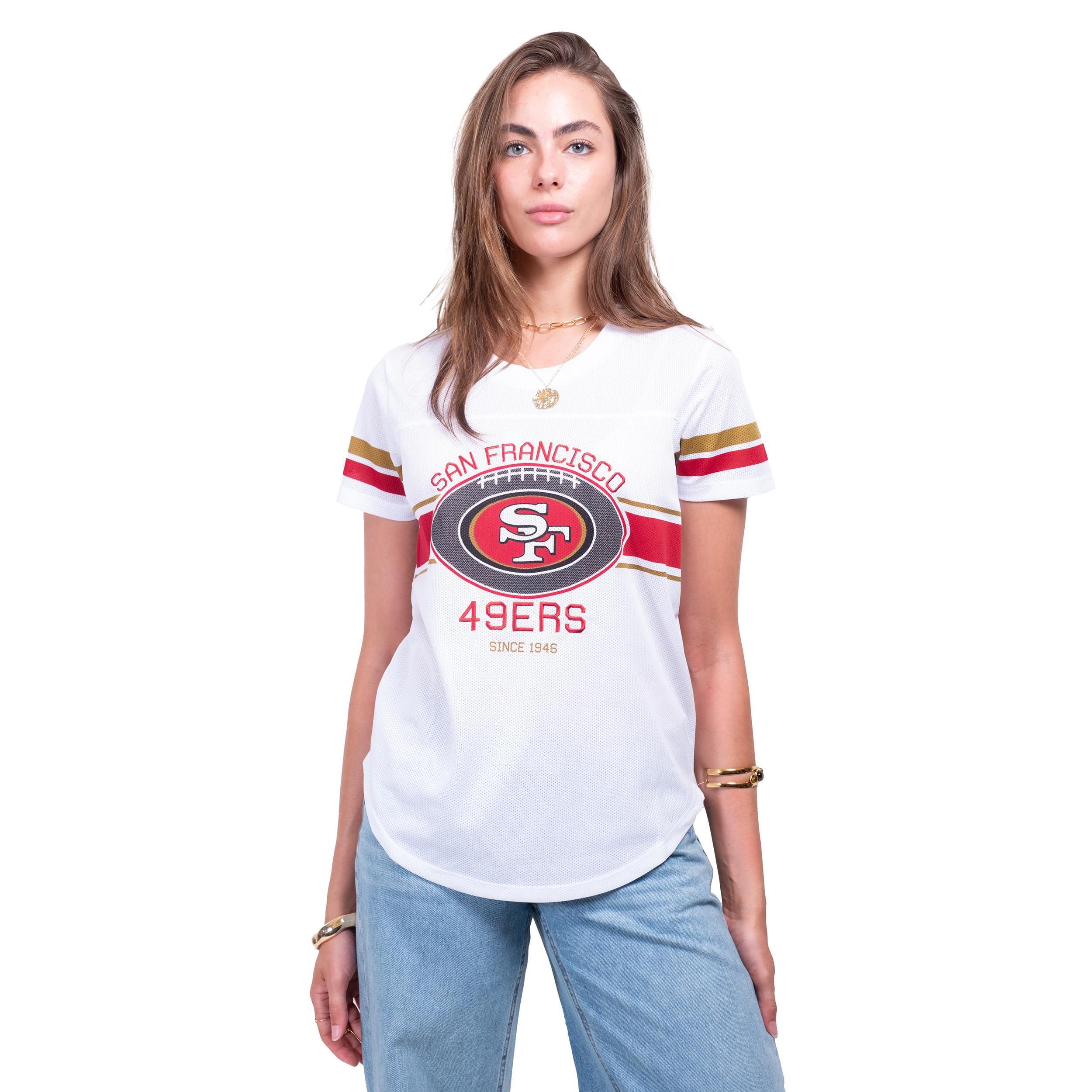 Ultra Game Women's NFL Official Soft Mesh Varsity Stripe T-Shirt