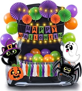JOYIN Halloween Trunk or Treat Car Decorations Kit with Happy Themed Design, Garage Archway Decor with Banner, Paper Fans, Balloons, Tassel and Pumpkin Stickers