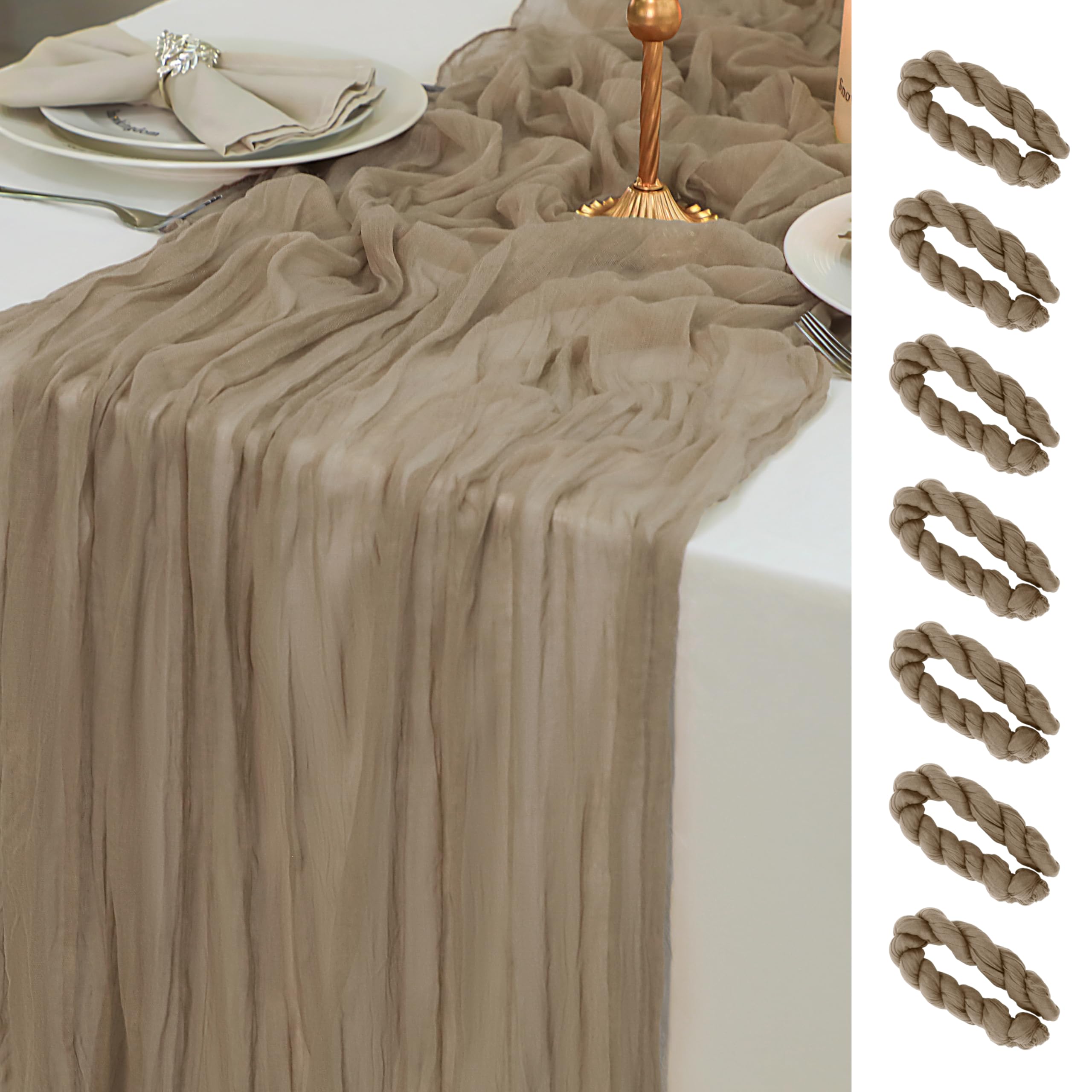 Snowkingdom 6 PCS Nude Brown Cheesecloth Table Runner, Taupe Light Tan 120 inch 