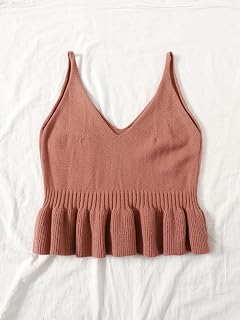 Women's Ruffle Camisole V-Neck Ribbed Knit Sleeveless Tops