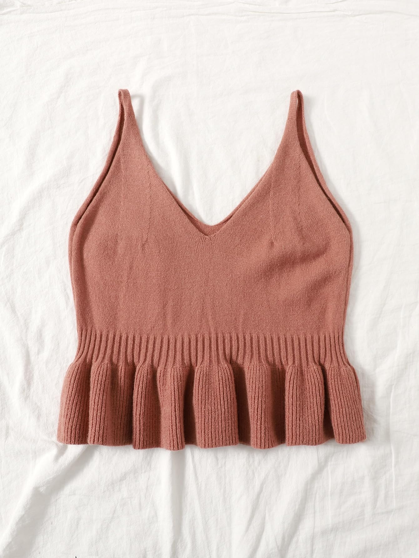 Women's Ruffle Camisole V-Neck Ribbed Knit Sleeveless Tops