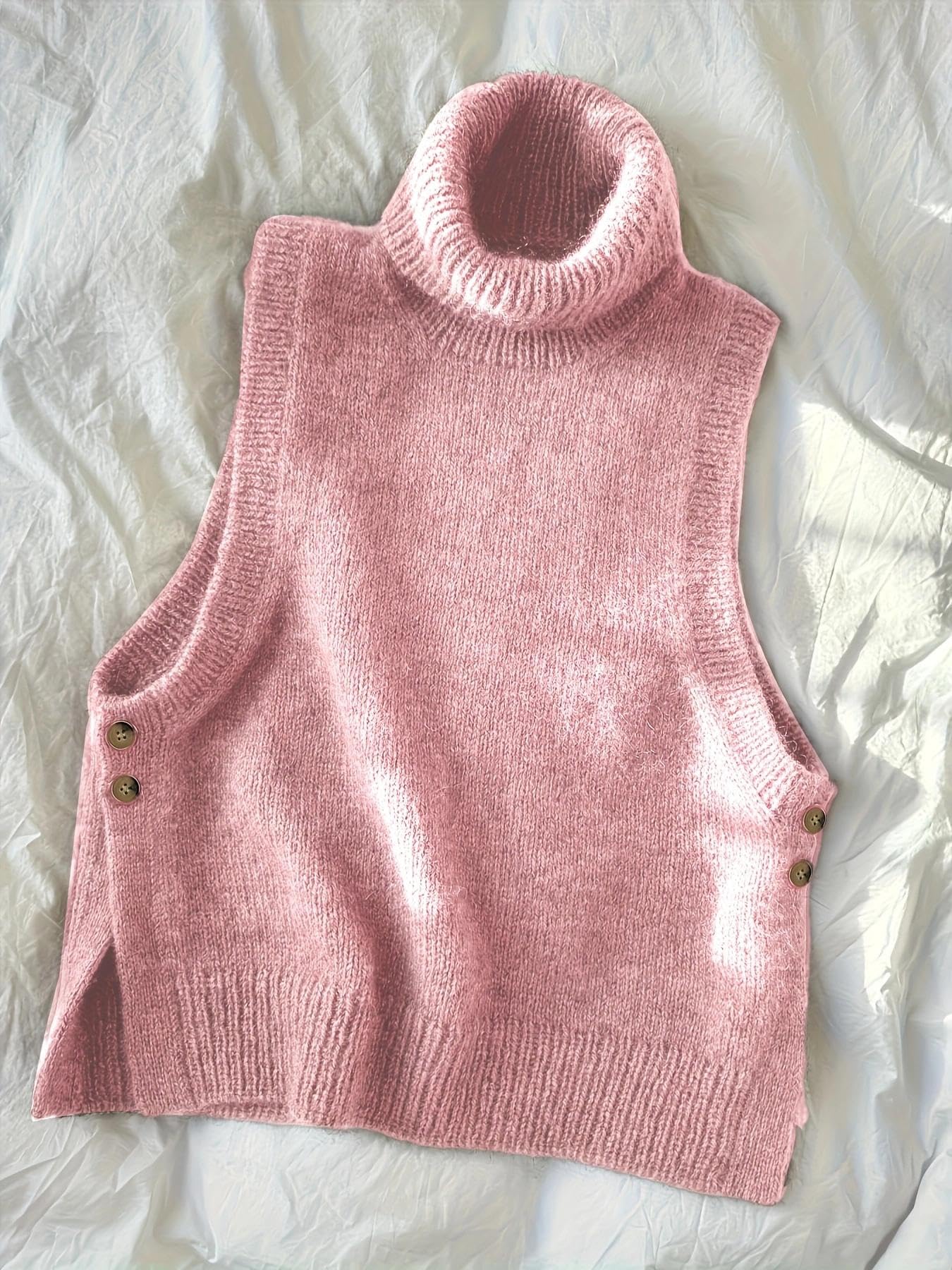 Women Turtleneck Knit Vest Charm French Style Button Detail Long Sleeve High Nec