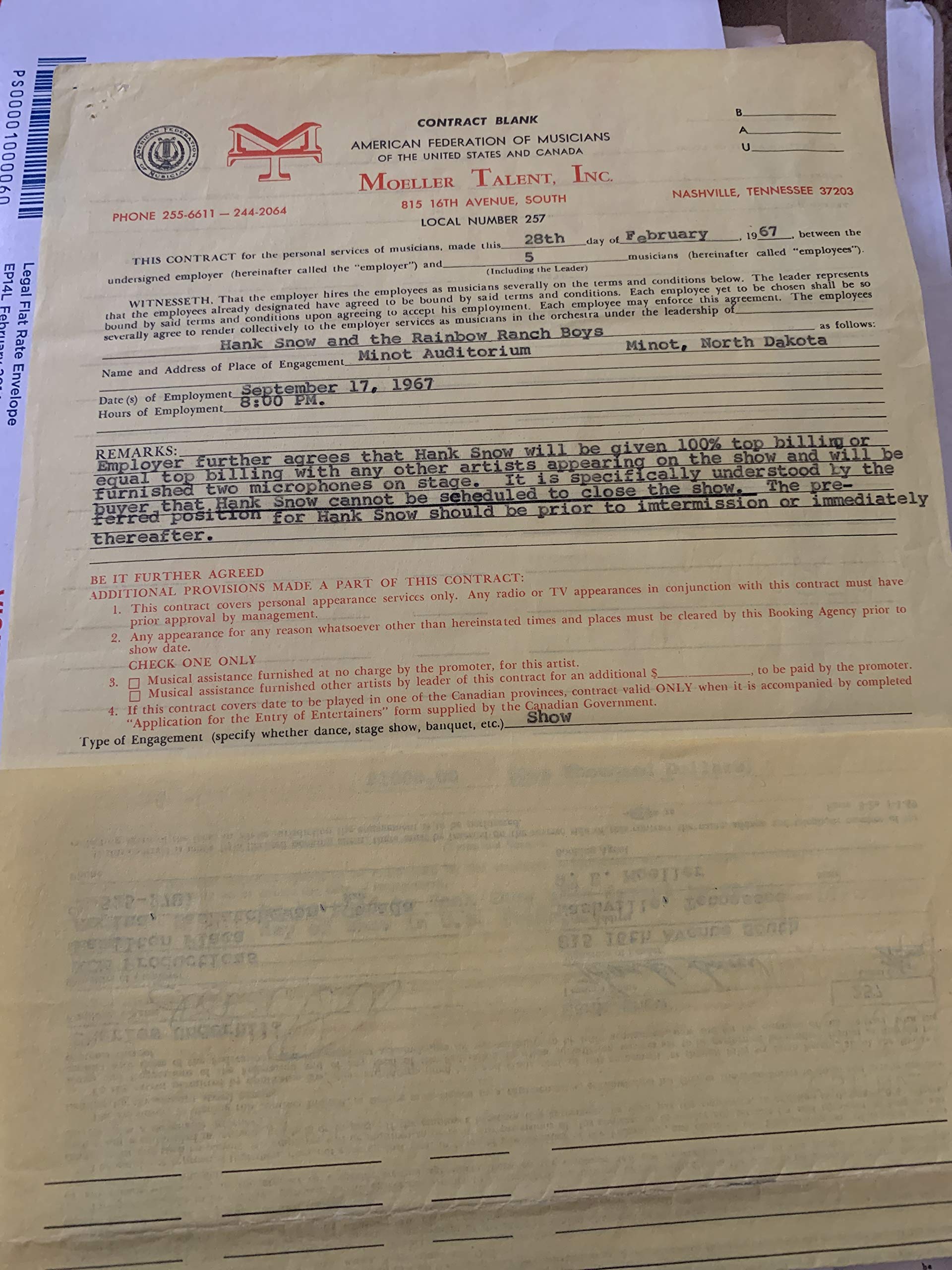 Grand Ole Opry Star Hank Snow Concert Contract