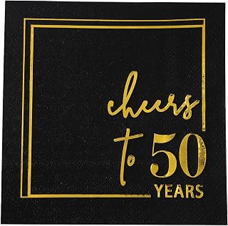 Cheers to Years Cocktail Napkins - 50 PK - 3-Ply Birthday Napkins 5x5 Inches Disposable Party Napkins Beverage Paper Napkins or Birthday Decorations Wedding Anniversary Black and Gold (50 Years)