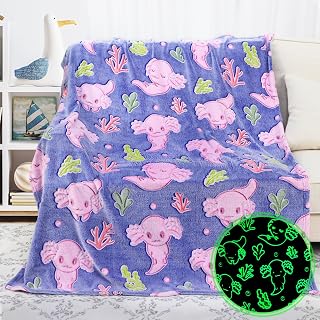 KIVEE Axolotl Gifts for Girls Kids, Glow in the Dark Axolotl Blanket for Toddler Girl, Axolotls Toys Stuff, Girls Birthday Gifts Kids Teens Christmas, Cute Axolotls Bedroom Decor, 50"x60"