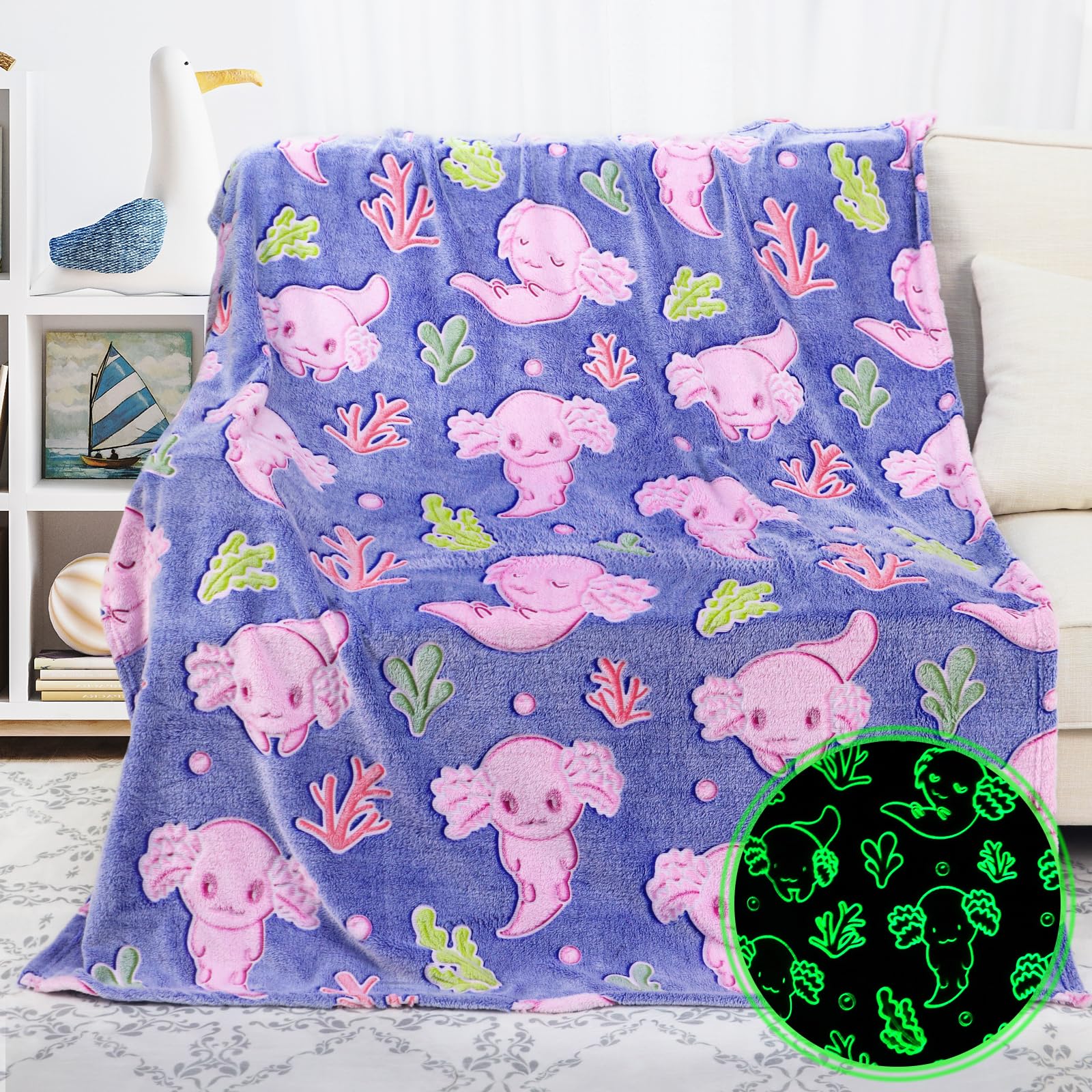 KIVEE Axolotl Gifts for Girls Kids, Glow in the Dark Axolotl Blanket for Toddler