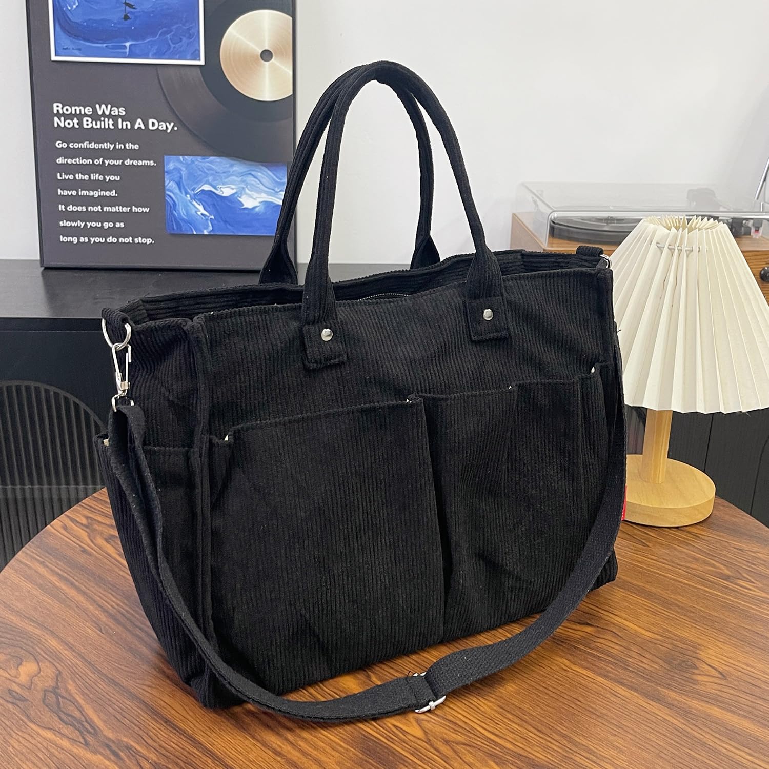Corduroy Tote Bag for Women - Multi-Pocket, Thickened Design with Striped Patter