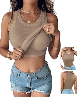 Women's Summer Tank Top with Integrated Rib Bra Round Neck Sleeveless Racerback Bodycon Casual Streetwear