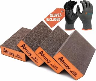 Sanding Sponge, 60/80/120/220 Grit 4-Pack with Protective Gloves, Coarse Fine Medium Grit Sanding Block, Reusable Dry Wet Sanding Blocks for Wood, Drywall,Metal, Fine Sandpaper Sand Block by Afruxy