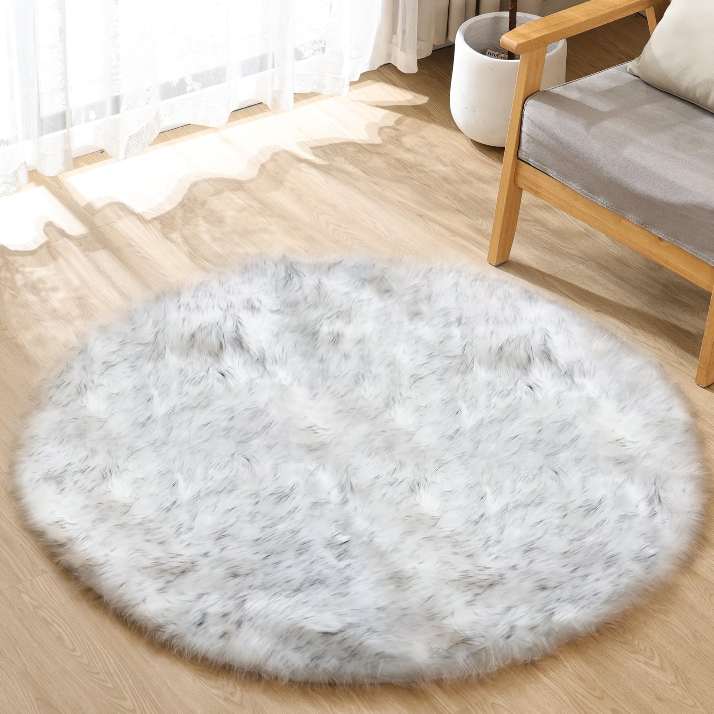 ORINOVA White and Grey Round Shag Rug 4ft Faux Sheepskin Fur Rugs for Living Roo