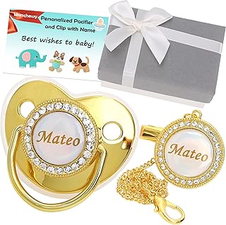 Munchewy Personalized Pacifier with Name for Baby Shower Newborn Gift(Gold) | Customized Bling Gold Pacifier Clip Set, Handmade Glitter Crystal Luxurious Custom Soother Dummy with Gift Box