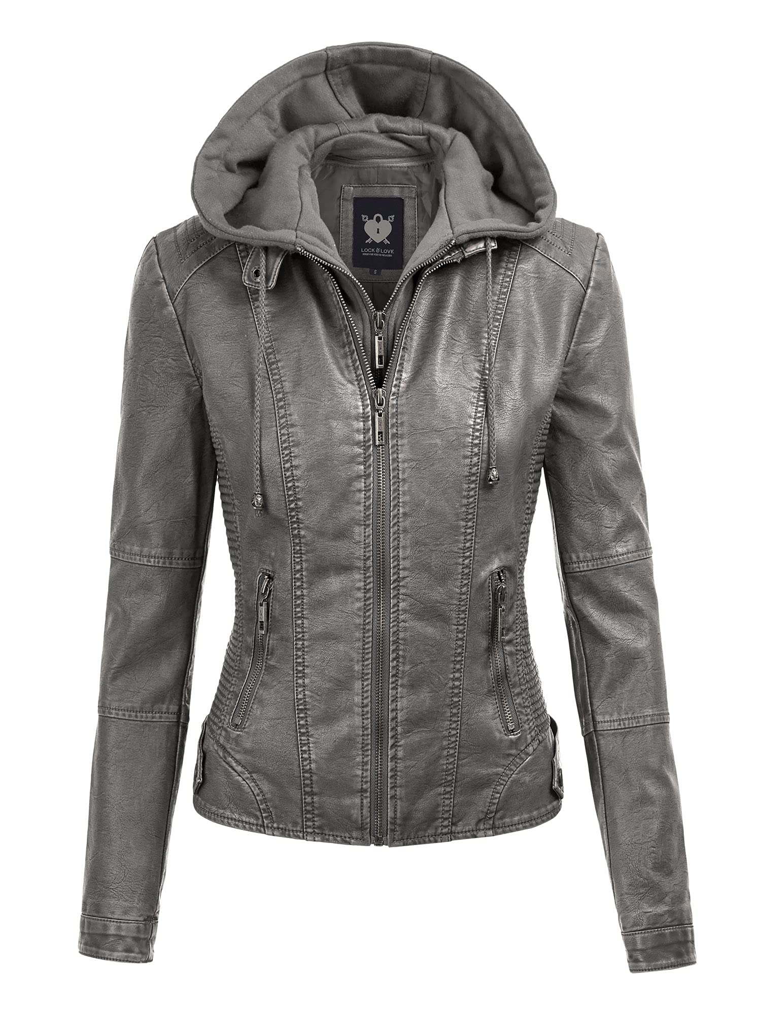 Lock and Love Women's Faux Leather Moto Biker Jacket Coat with Removable or Non-