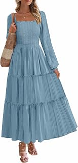 PRETTYGARDEN Maxi Dresses for Women 2026 Fall Boho Long Sleeve Smocked A Line Ruffle Holiday Party Long Dress with Pockets