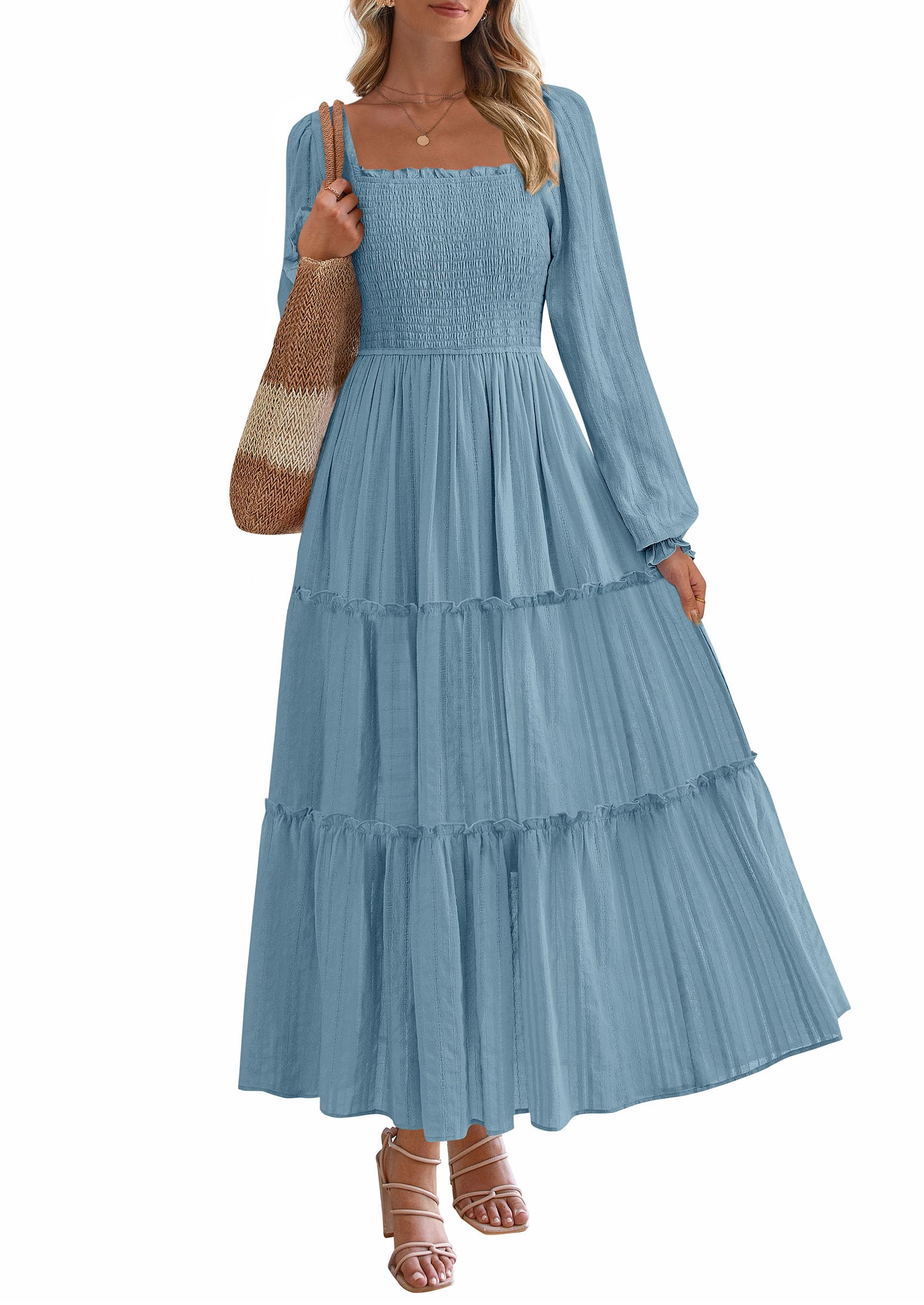 PRETTYGARDEN Maxi Dresses for Women 2026 Fall Boho Long Sleeve Smocked A Line Ru