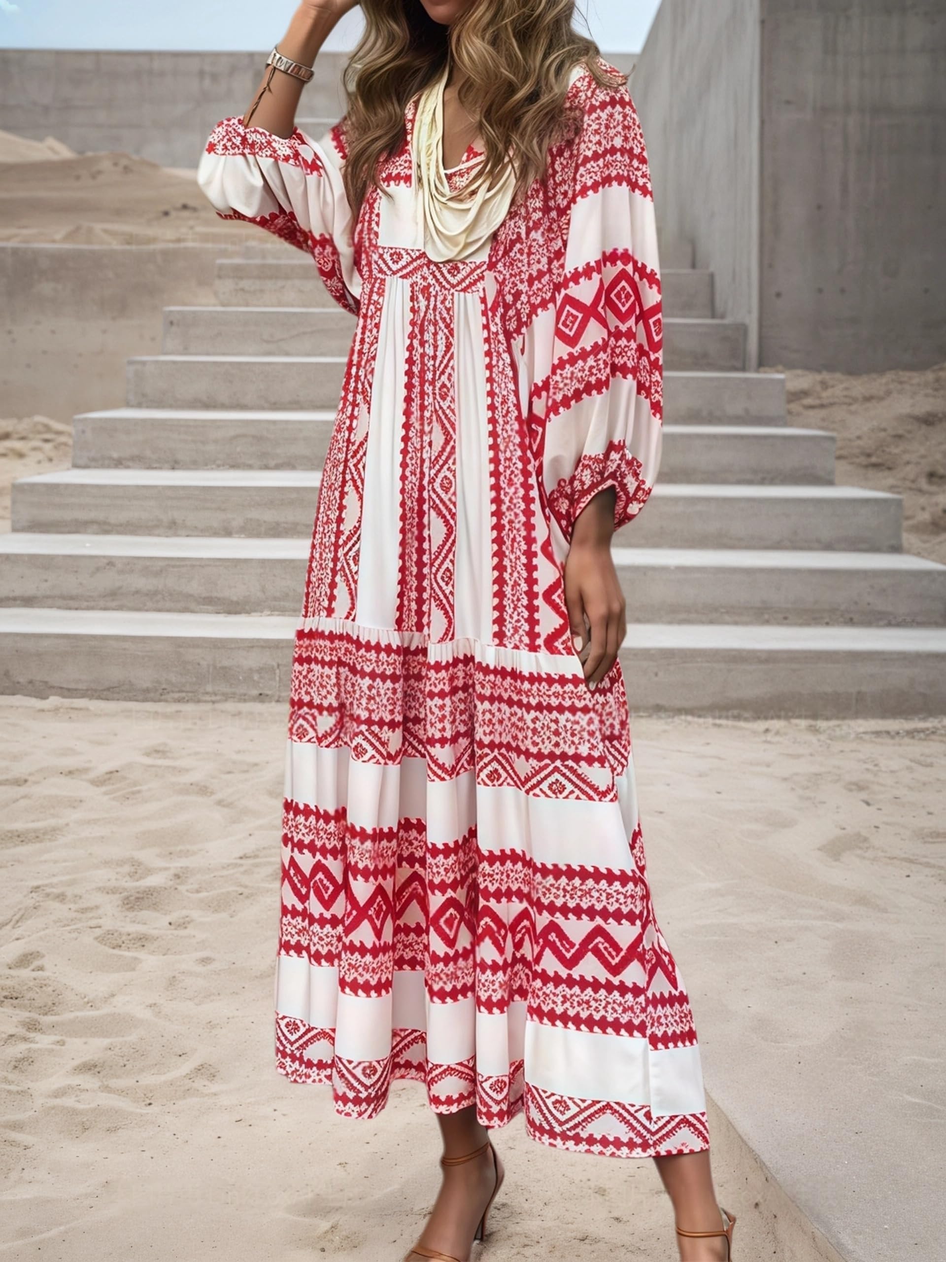 Vestidos bohemios de verano para mujer, cuello en V, manga abombada, floral, flu