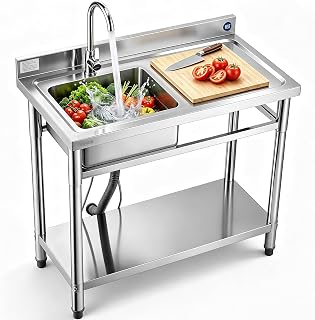 VEVOR Stainless Steel Utility Sink, Free Standing Single Bowl Commercial Kitchen Sink with Faucet, 39.4 x 19.7 x 37 in, Utility Right Basin with Hot & Cold Water Pipe for Garage, Restaurant, Laundry