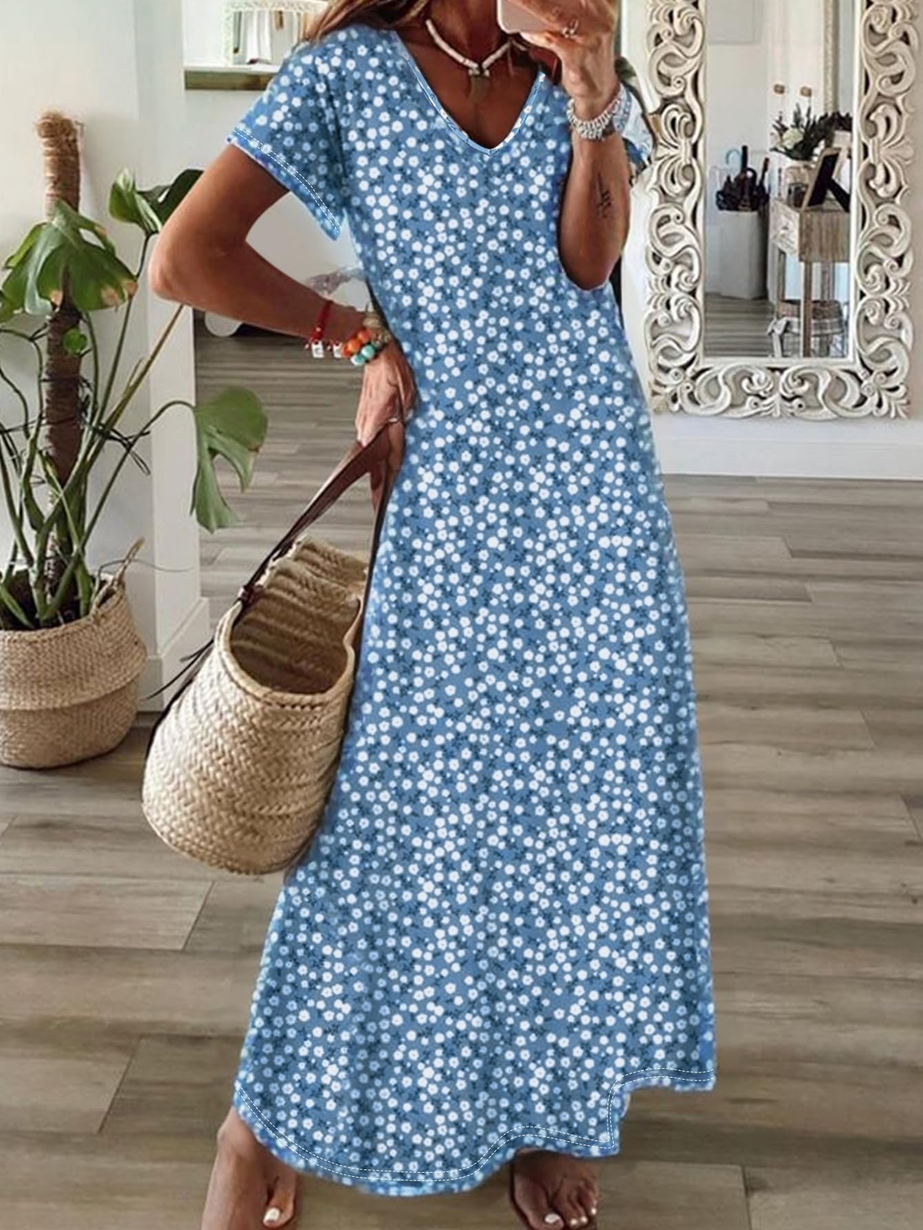 Women's V Neck Short Sleeve Blue Polka Dot Dress for Casual Maxi Dress