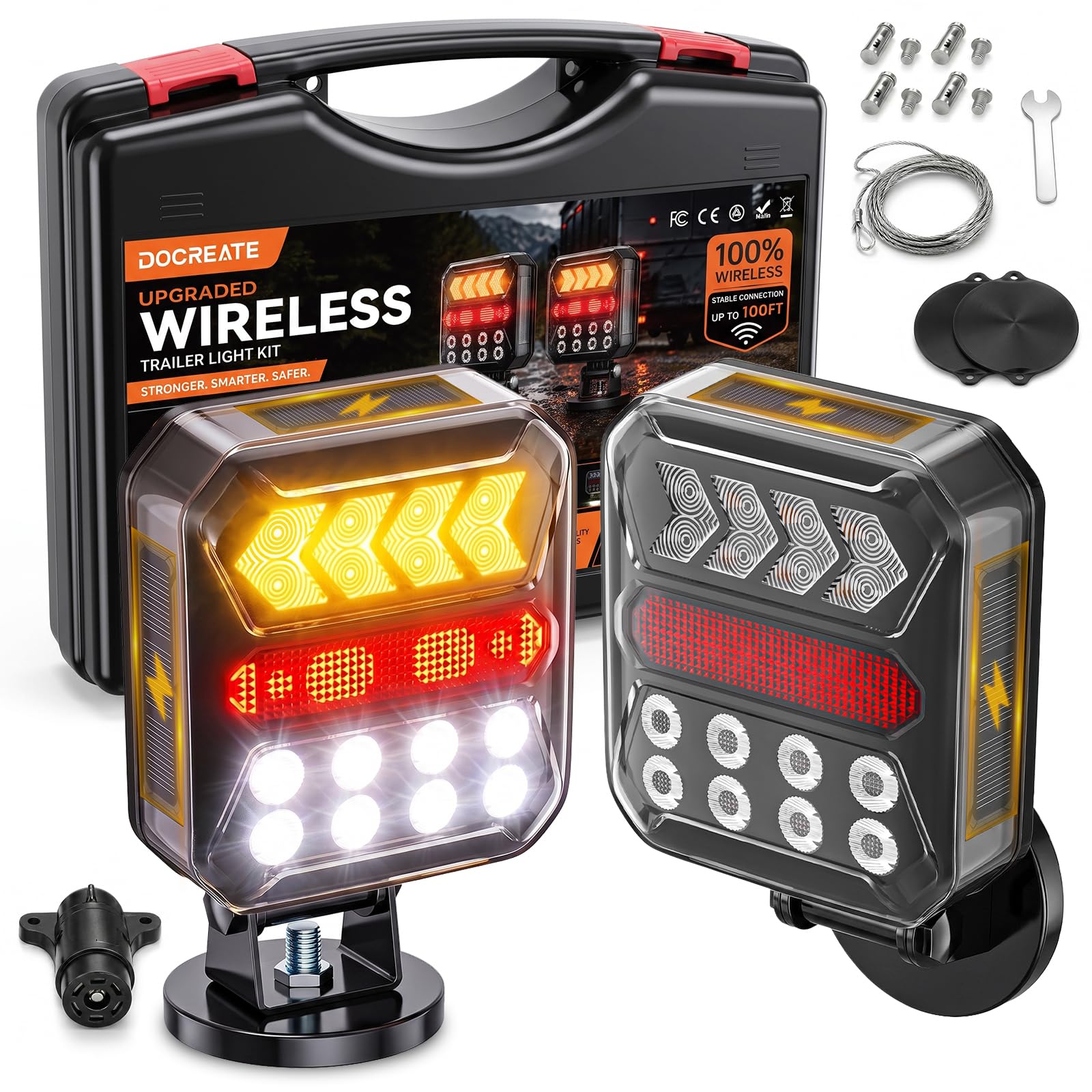 Docreate Wireless Trailer Lights, Solar Rechargeable Magnetic Tow Lights | 180° 