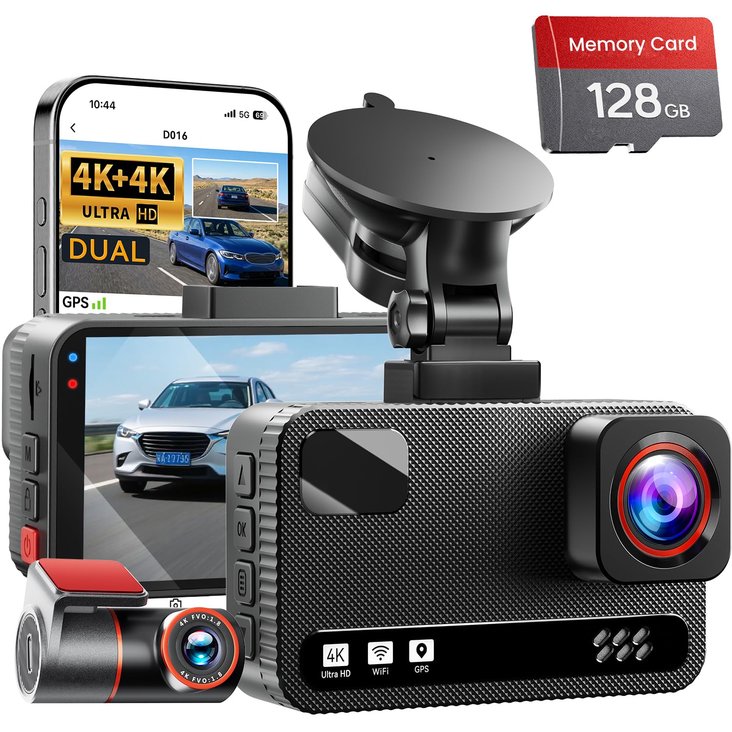 4K+4K Dual Dash Cam Front and Rear, Free 128GB Card, Starlight Night Vision | Du