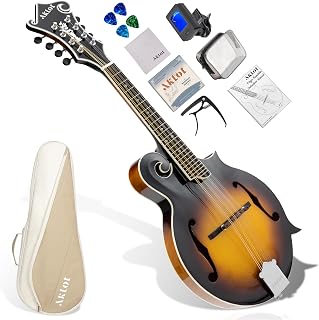 AKLOT F-Style Acoustic Mandolin Instrument: Hand-Carved Classic Scroll Headstock, Spruce Top with Tiger Okuman Back, Bone Nut, Deluxe Mandolin Bundle with Padded Bag, Tuner, Capo, Gloss Sunburst