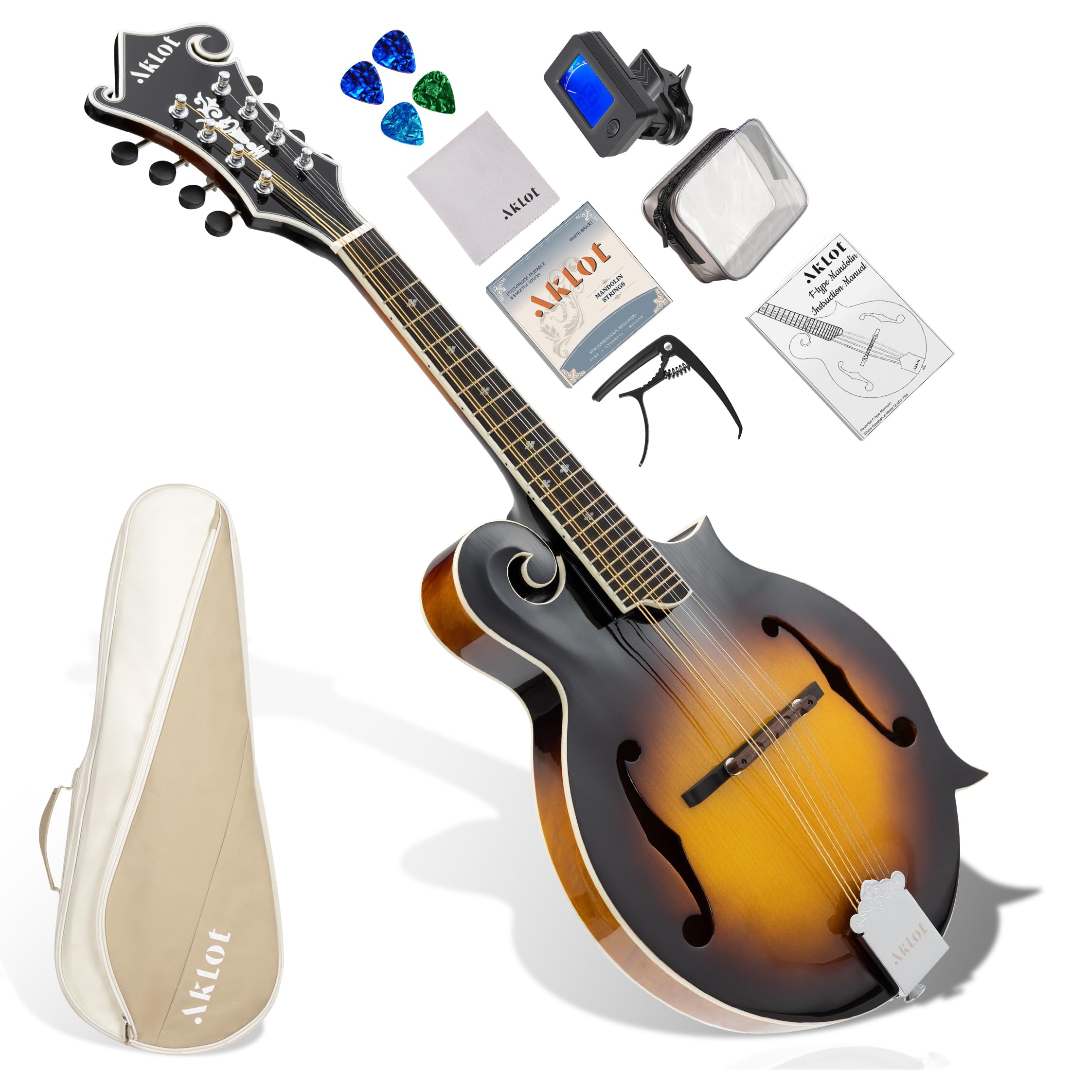 AKLOT F-Style Acoustic Mandolin Instrument: Hand-Carved Classic Scroll Headstock