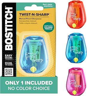 Bostitch Office Pencil Sharpener, Manual, One Assorted Color, Twist-n-Sharp, Kids, Boys, Girls, Colored Pencils, 1 Pack