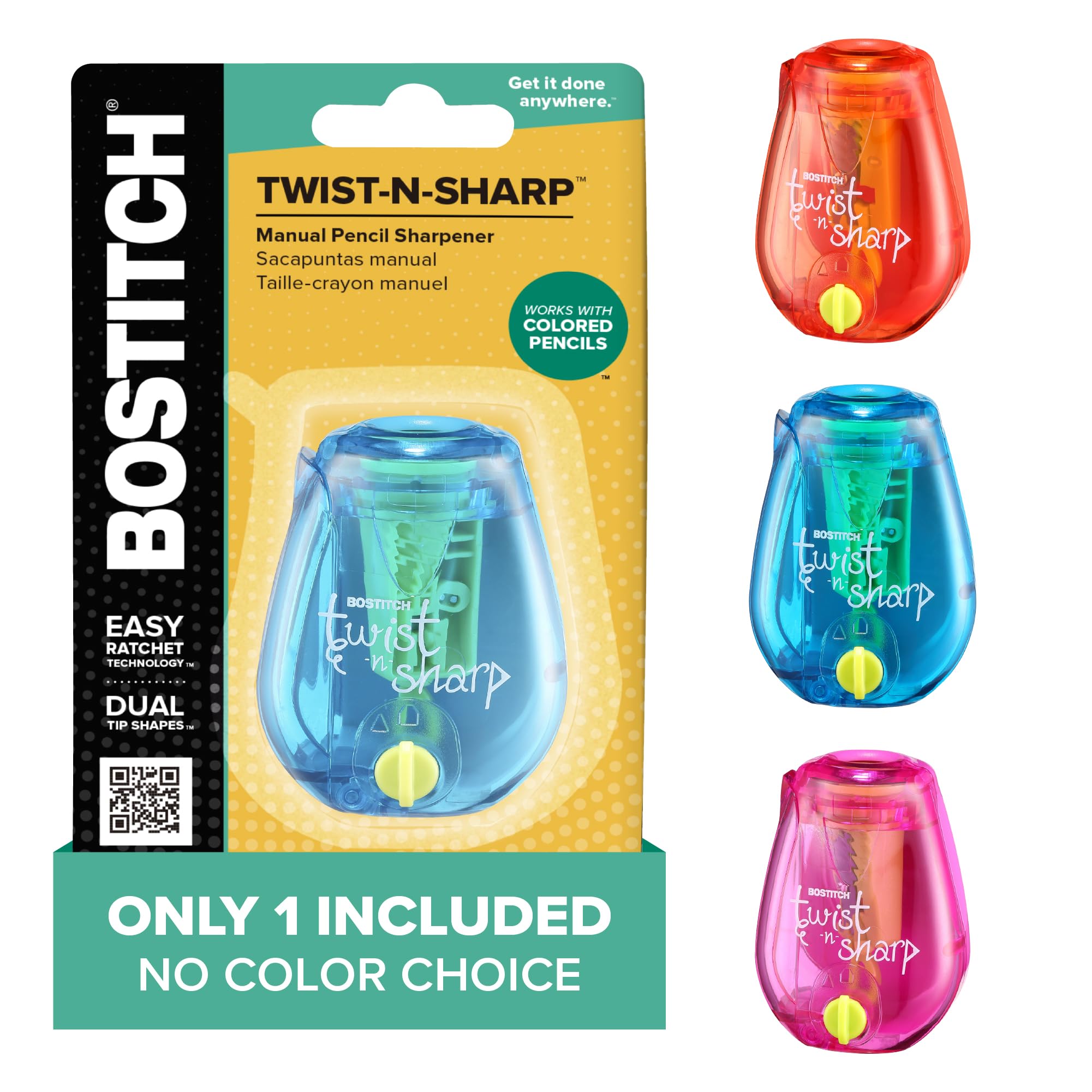 Bostitch Office Pencil Sharpener, Manual, One Assorted Color, Twist-n-Sharp, Kid