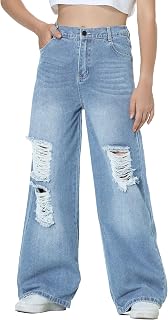 EXARUS Girls Jeans Wide Leg Baggy Pants Ripped Denim Teen 6-16Y