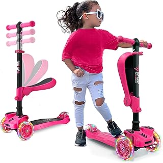 Hurtle Kids Scooter, 3-Wheel, Foldable & Removable Seat, Toddler Scooter | LED light-up wheels, 4-height handlebar and lean-to-steer control for confident cruising, ages 2-12, up to 132 lbs