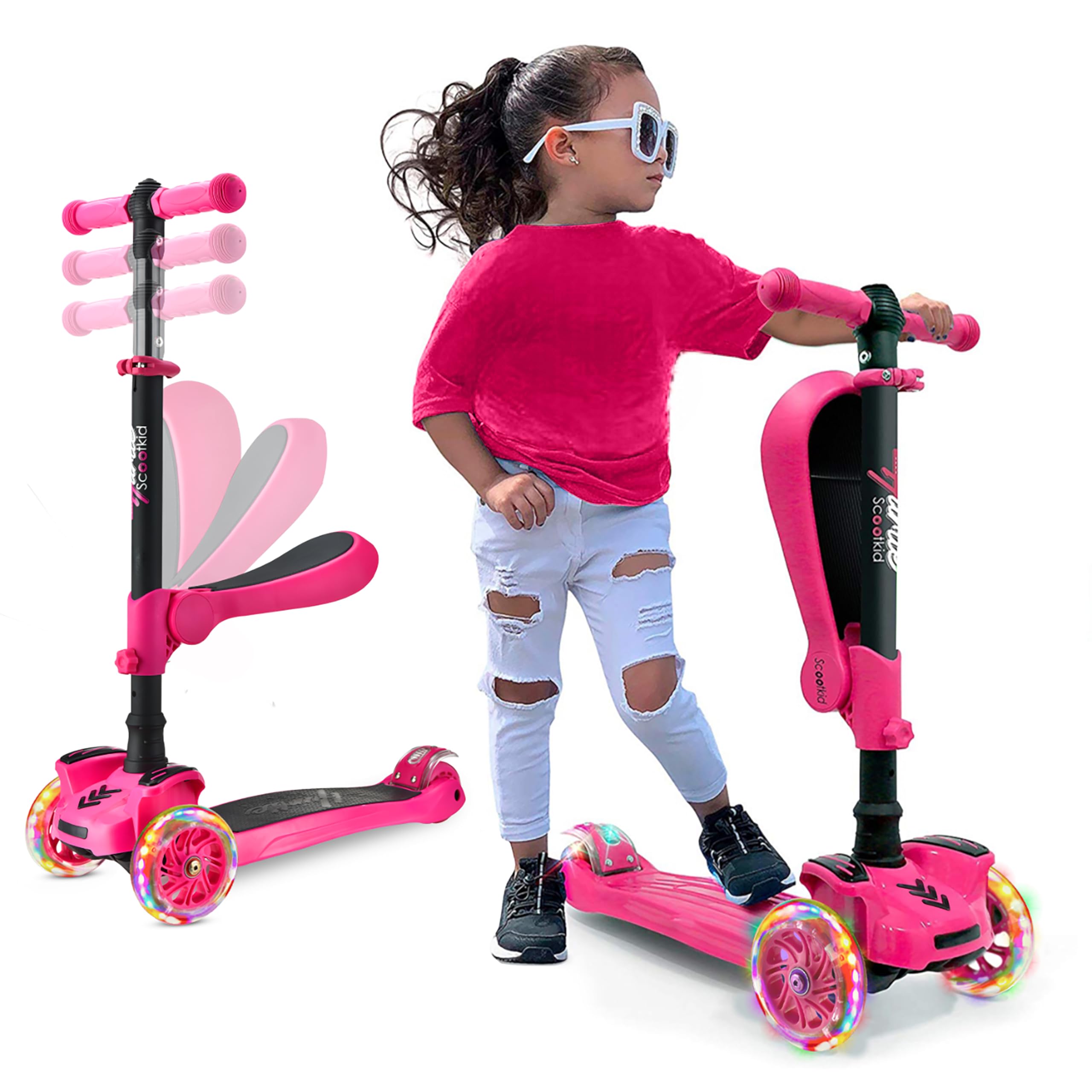 Hurtle Kids Scooter, 3-Wheel, Foldable & Removable Seat, Toddler Scooter | LED l
