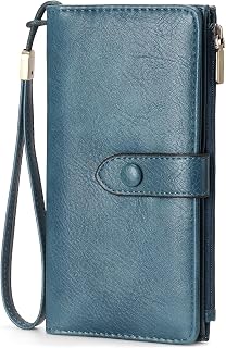 GOIACII Womens Wallets Large Capacity Credit Card Holder RFID Blocking Leather Wallet Wristlet Ladies Clutch Purse Blue