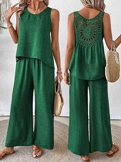 Women 2 Piece Linen Crochet Back Sleeveless Tank Top Wide Leg Pants Set Holiday