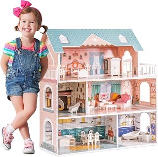 ROBOTIME Doll House Wooden Dollhouse for Kids 3 4 5 6 Years Old, Dollhouse w/28PCS Furniture Plastic, for 3.3”Dolls, Birthday Presents for Toddler 3+