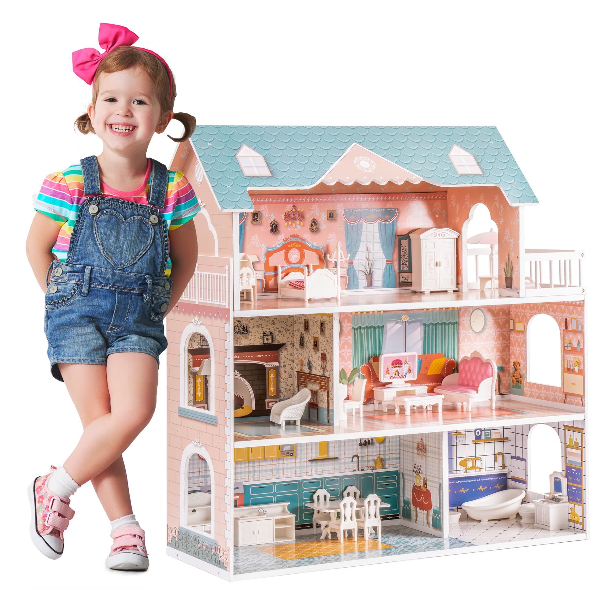 ROBOTIME Doll House Wooden Dollhouse for Kids 3 4 5 6 Years Old, Dollhouse w/28P