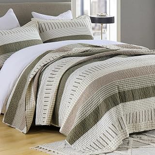 Finlonte 100% Cotton King Size Quilt Set, Patchwork Striped King Quilt Bedding Set Farmhouse Bedspread, Lightweight Quilted Comforter Reversible Bed Spread for All Season, Green/Brown/Cream, 3 Pieces