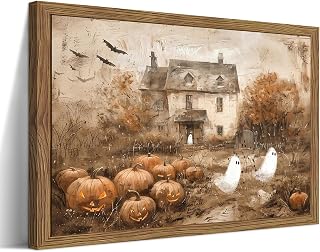 Framed Vintage Halloween Ghost Wall Art - Cute Ghost Pumpkin Canvas Print, Gothic Dark Academia Spooky Fall Wall Decor, Haunted House Artwork for Living Room Bedroom, 8x10 inch Wood Frame