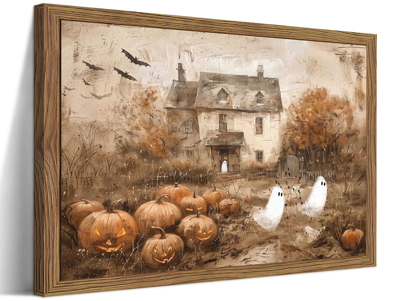 Framed Vintage Halloween Ghost Wall Art - Cute Ghost Pumpkin Canvas Print, Gothi