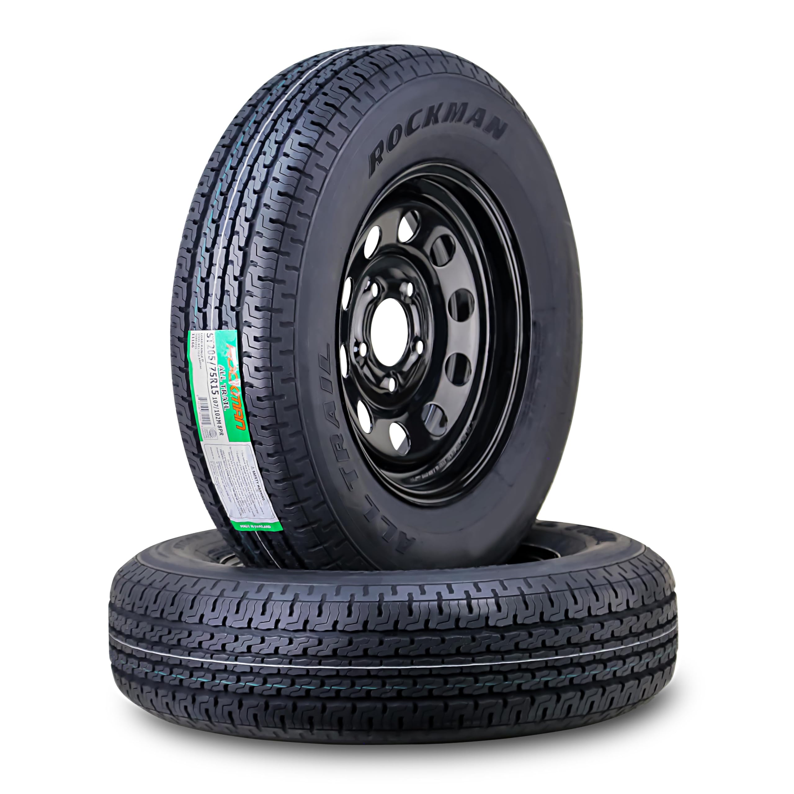 ROCKMAN Trailer Tire Wheel ST205/75R15 8-Ply D 107M 5X5" Black Mod Rim, Pk2 | 5 