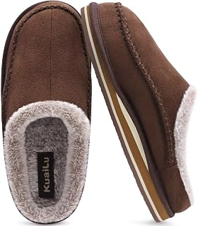 KuaiLu Men's Memory Foam Clog Slippers, Comfortable, Hand-Stitched, Microsuede Slip-On Slippers with Arch Support, Warm Faux Fur-Lined, Rubber Sole, Indoor, Outdoor