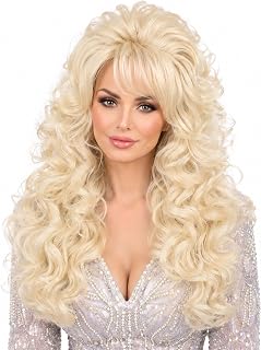 Long Blonde Curly Wig with Bangs for Women Retro Country Diva Costume Wig | Big Blonde Country Singer Look with 24" Curls, High Crown Volume and Bangs for 60s 70s 80s Costume, Adjustable Fit 21-23"