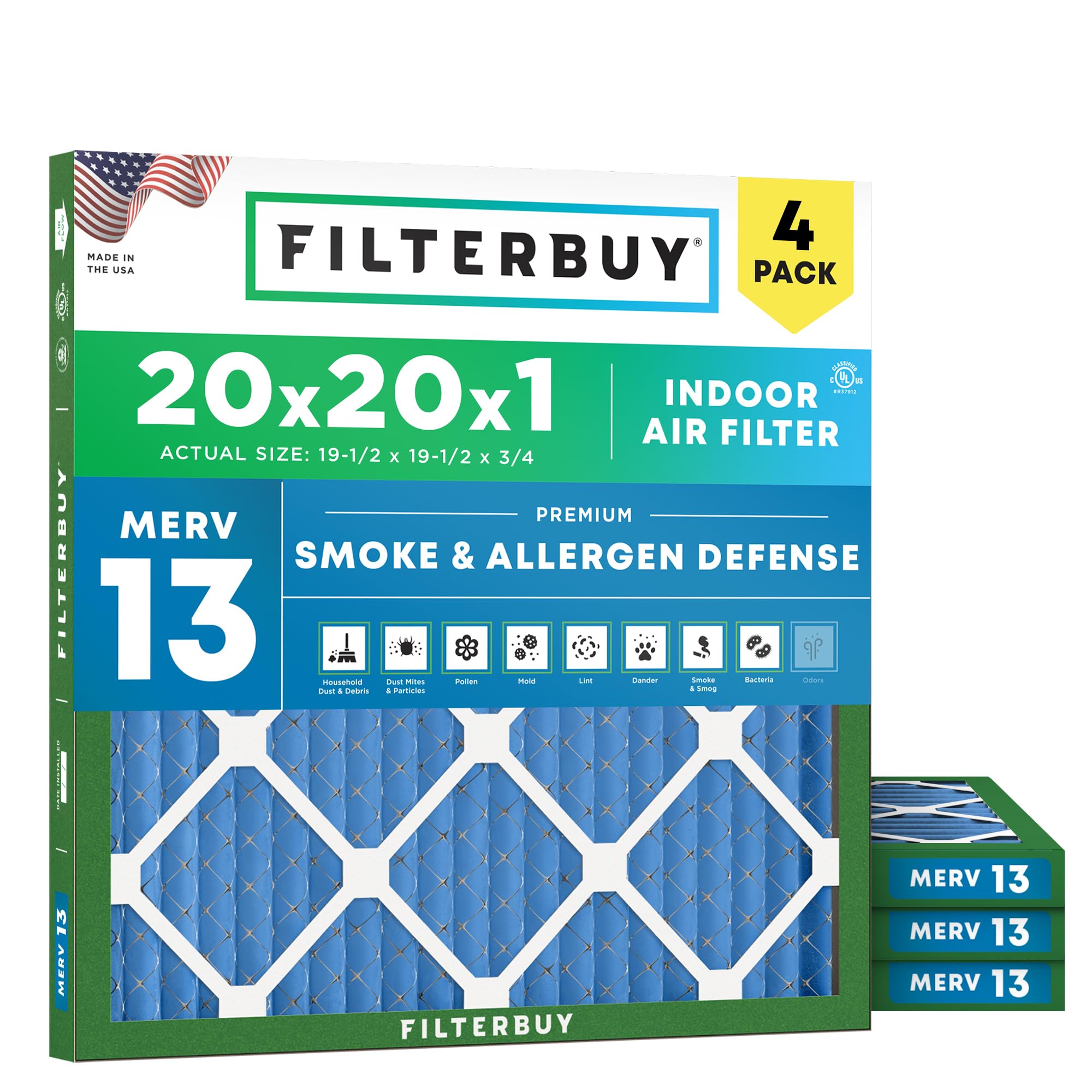 Filterbuy 20x20x1 Air Filter MERV 13 Smoke & Allergy Defense (4-Pack) | Electros