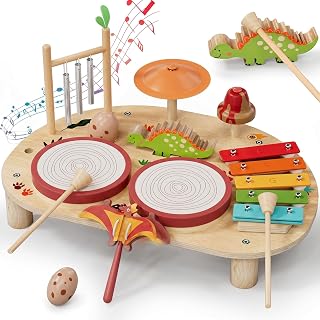 Lehoo Castle Wooden Dinosaur Kids Drum Kit for 1-3 Year Old | Baby Toddler Musical Instruments with Drums Xylophone Castanet, Montessori Educational Toys Gifts 12M+
