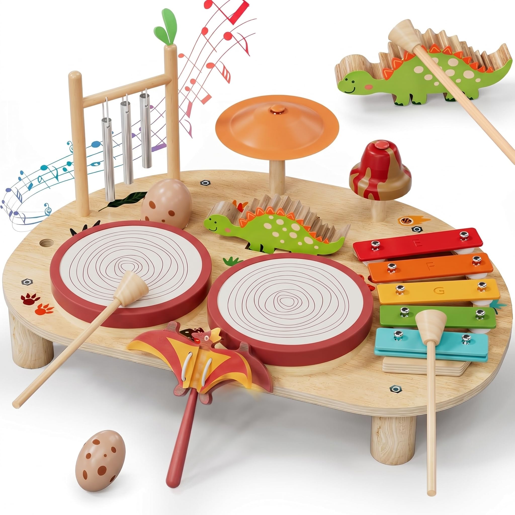 Lehoo Castle Wooden Dinosaur Kids Drum Kit for 1-3 Year Old | Baby Toddler Music