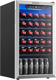 EUHOMY 128 Can Wine Cooler Refrigerator, Wine Fridge Glass Door, Silver | 3.2 Cu.ft, 37°F to 61°F, Compressor Cooling, Digital Temperature Control, Removable Shelves, Home Bar Kitchen, LED Light
