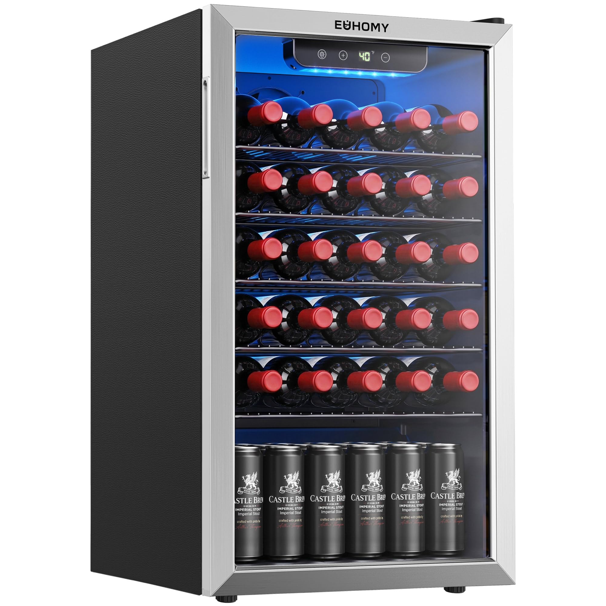 EUHOMY 128 Can Wine Cooler Refrigerator, Wine Fridge Glass Door, Silver | 3.2 Cu