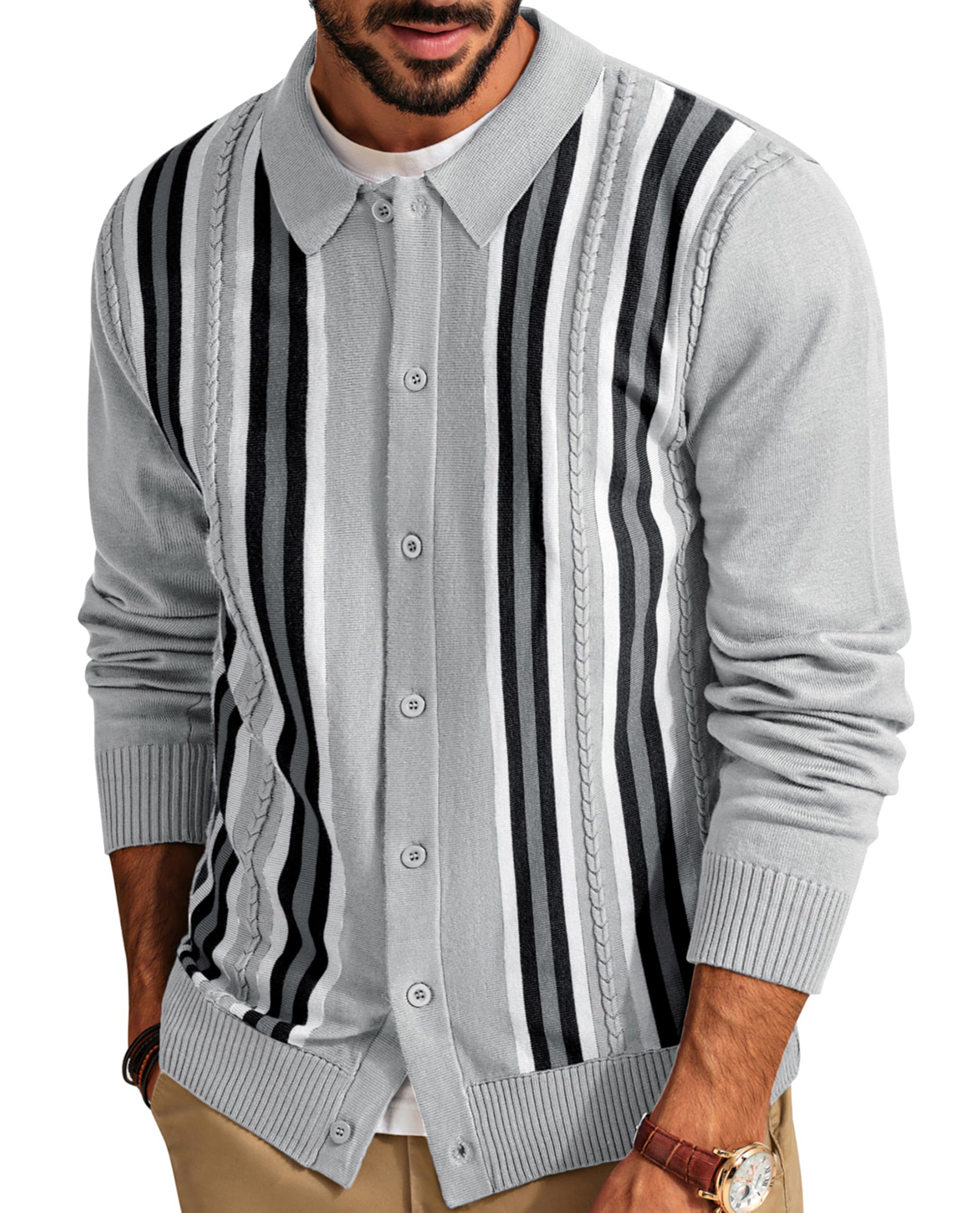 PJ PAUL JONES Mens Cardigan Vintage Striped Knit Sweaters