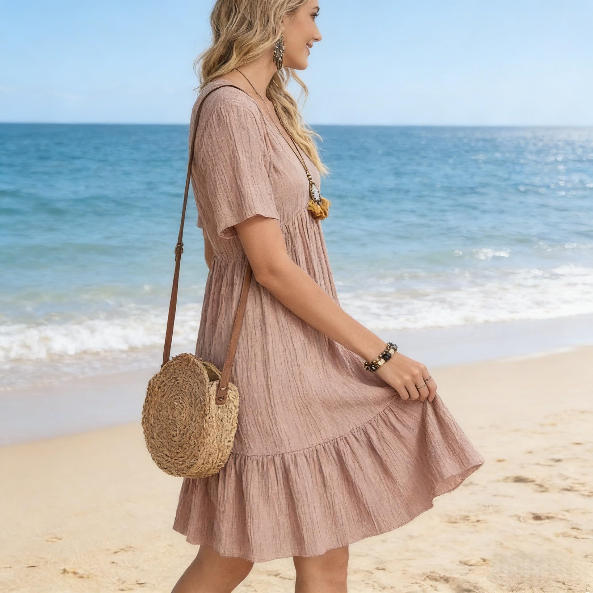 Women's Summer Dresses Vacation Short Sleeve V Neck Knee Length Flowy Mini Dress