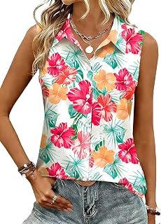 Hawaiian Shirts for Women Floral Sleeveless Summer Tank Top Button Down Shirt Hawaii Tropical Beach Tops