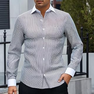Mens Long Sleeve Striped Collar And Cuffs Contrast Button Down Business Casual Shirt