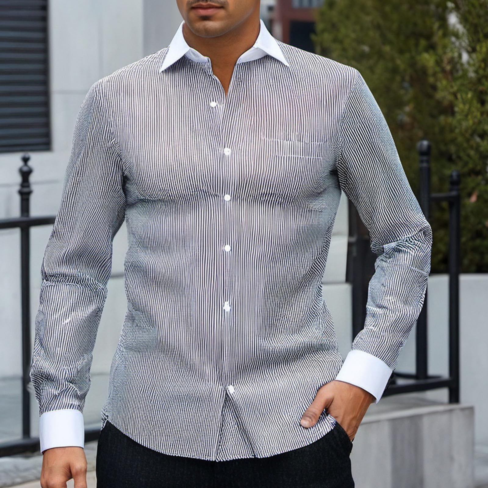 Mens Long Sleeve Striped Collar And Cuffs Contrast Button Down Business Casual S